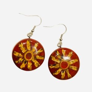 Hand crafted Red Sunburst Inlaid Vine Earrings